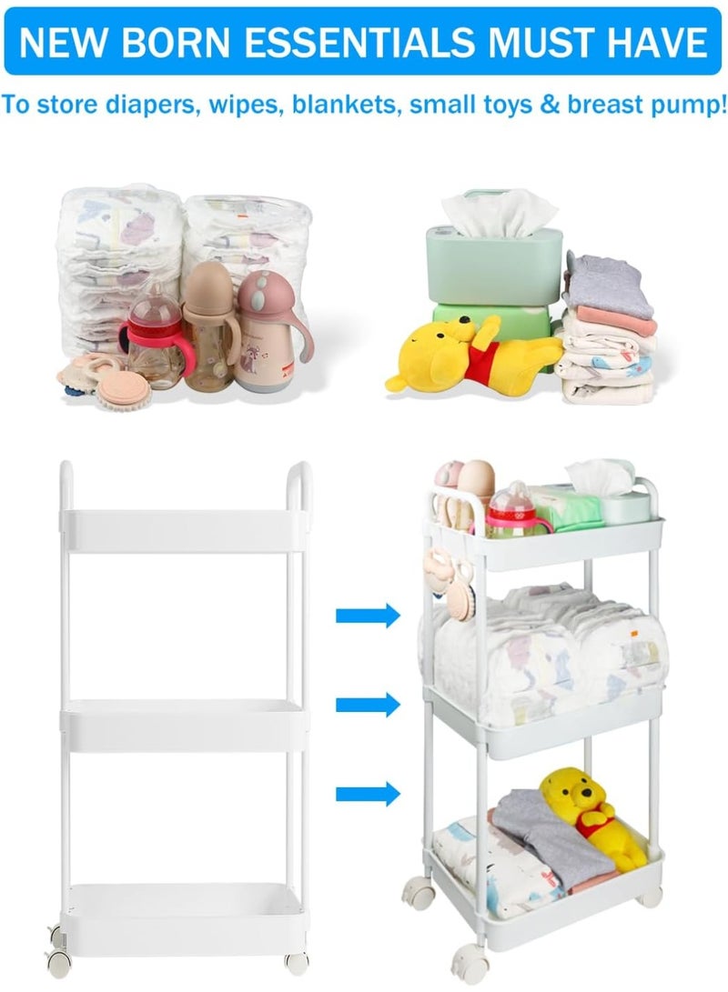Volnamal Diaper Caddy Organizer, 3-Tier Movable Diaper Cart with Wheels, Newborn Essentials Must Haves, Diaper Caddy for Wipes & Diapers, Baby Registry Search - Plastic White  - Image 4