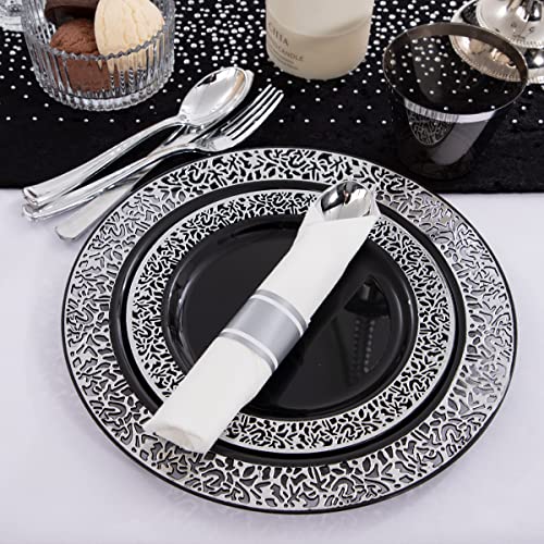 NOCCUR 210PCS Black and Silver Dinnerware Set for 30 Guests - Black Plastic Plates with Silver Rim Include 30 Dinner / 30 Dessert Plates, 30 Prewrapped Silverware, 30 Cups Ideal for Party, Halloween - Image 2