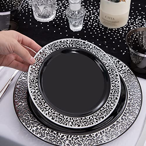 NOCCUR 210PCS Black and Silver Dinnerware Set for 30 Guests - Black Plastic Plates with Silver Rim Include 30 Dinner / 30 Dessert Plates, 30 Prewrapped Silverware, 30 Cups Ideal for Party, Halloween - Image 4