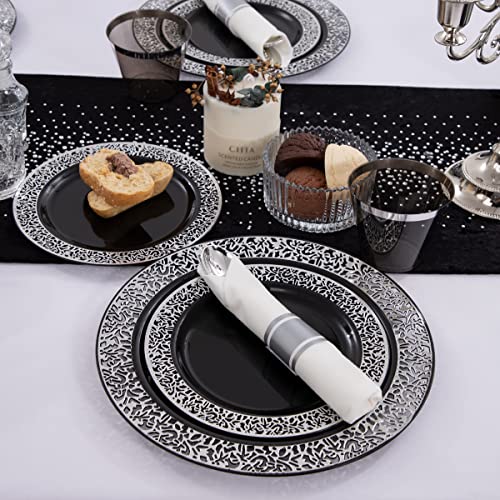 NOCCUR 210PCS Black and Silver Dinnerware Set for 30 Guests - Black Plastic Plates with Silver Rim Include 30 Dinner / 30 Dessert Plates, 30 Prewrapped Silverware, 30 Cups Ideal for Party, Halloween - Image 5