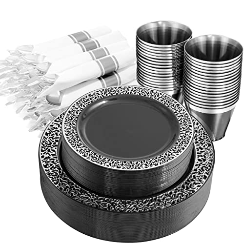 NOCCUR 210PCS Black and Silver Dinnerware Set for 30 Guests - Black Plastic Plates with Silver Rim Include 30 Dinner / 30 Dessert Plates, 30 Prewrapped Silverware, 30 Cups Ideal for Party, Halloween - Image 1