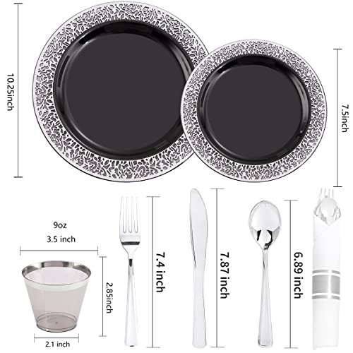 NOCCUR 210PCS Black and Silver Dinnerware Set for 30 Guests - Black Plastic Plates with Silver Rim Include 30 Dinner / 30 Dessert Plates, 30 Prewrapped Silverware, 30 Cups Ideal for Party, Halloween - Image 3