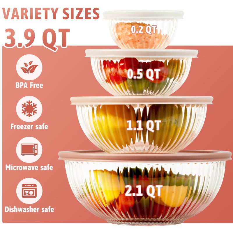 Freshmage Glass Mixing Bowls with Lids Sets, 4 Packs Glass Bowls with Lids for Kitchen Baking, Meal Prepping and Salad, Bpa Free and Dishwasher Safe Serving Bowls, 0.2/0.5/1.1/2.1 - Image 2