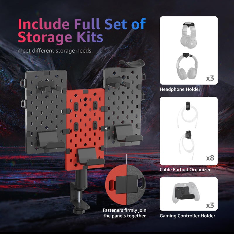 PEGZONE حامل سماعات رأس ووحدة تحكم معياري للألعاب من بيجزون، لوحة تثبيت بمشبك، حامل وحدة تحكم دوار مع خطافات للكابلات، ملحق ألعاب لأجهزة إكس بوكس، بلاي ستيشن 5، بلاي ستيشن 4، نينتندو سويتش، 3 قطع، أحمر - Image 4