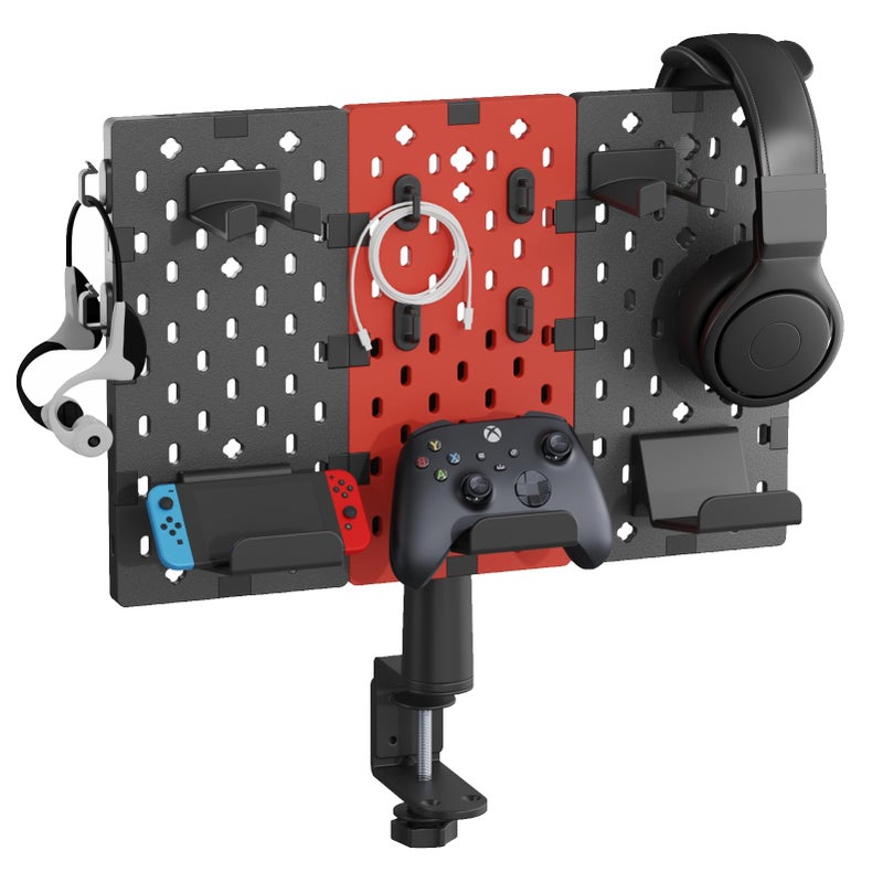 PEGZONE حامل سماعات رأس ووحدة تحكم معياري للألعاب من بيجزون، لوحة تثبيت بمشبك، حامل وحدة تحكم دوار مع خطافات للكابلات، ملحق ألعاب لأجهزة إكس بوكس، بلاي ستيشن 5، بلاي ستيشن 4، نينتندو سويتش، 3 قطع، أحمر - Image 1