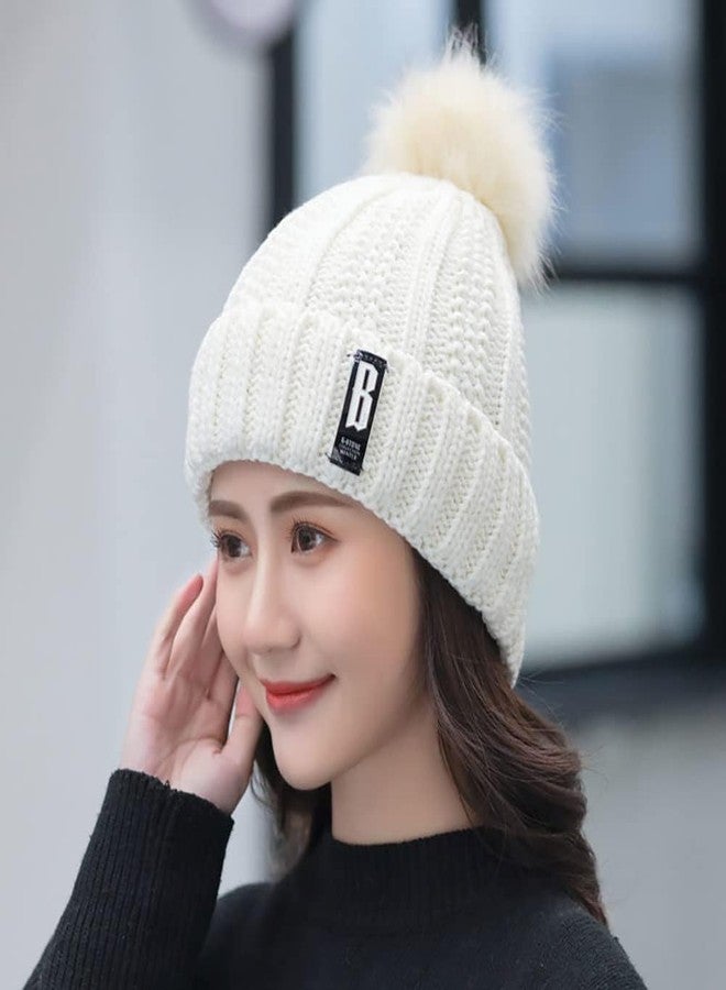 RR DESIGN Unisex Beanie Hat Slouchy Warm Knitted Winter Hat Ski Hat Skull Cap Baggy Bobble for Men & Women. One Size (White POM POM) - Image 4