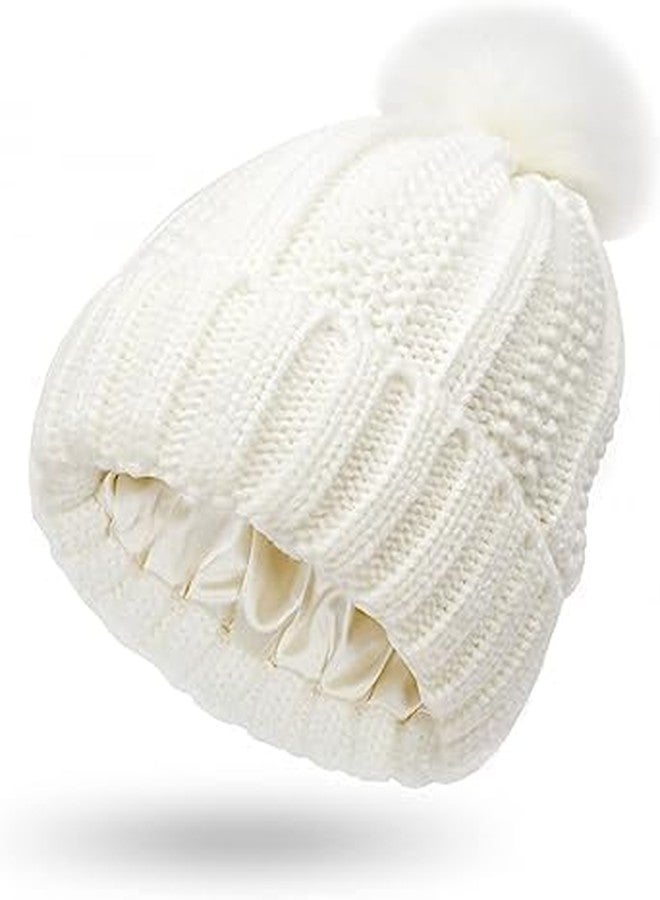RR DESIGN Unisex Beanie Hat Slouchy Warm Knitted Winter Hat Ski Hat Skull Cap Baggy Bobble for Men & Women. One Size (White POM POM) - Image 1