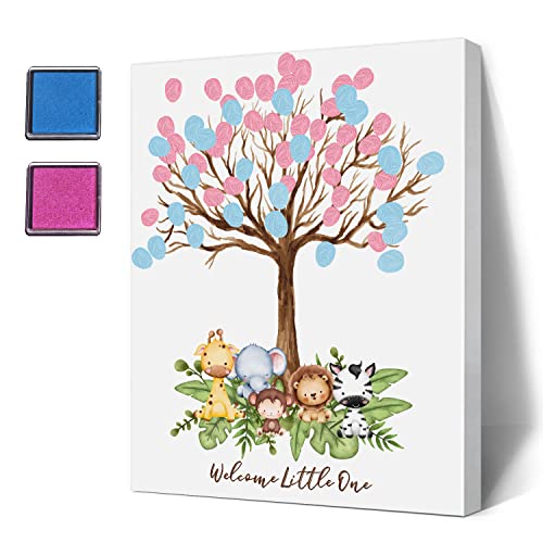 LNOKRIM Baby Shower Guest Book Fingerprint Tree Canvas, Jungle Safari Theme Gender Reveal Supplies, Personalized Alternative Guest Book,Fingerprint Guest Book - Image 1