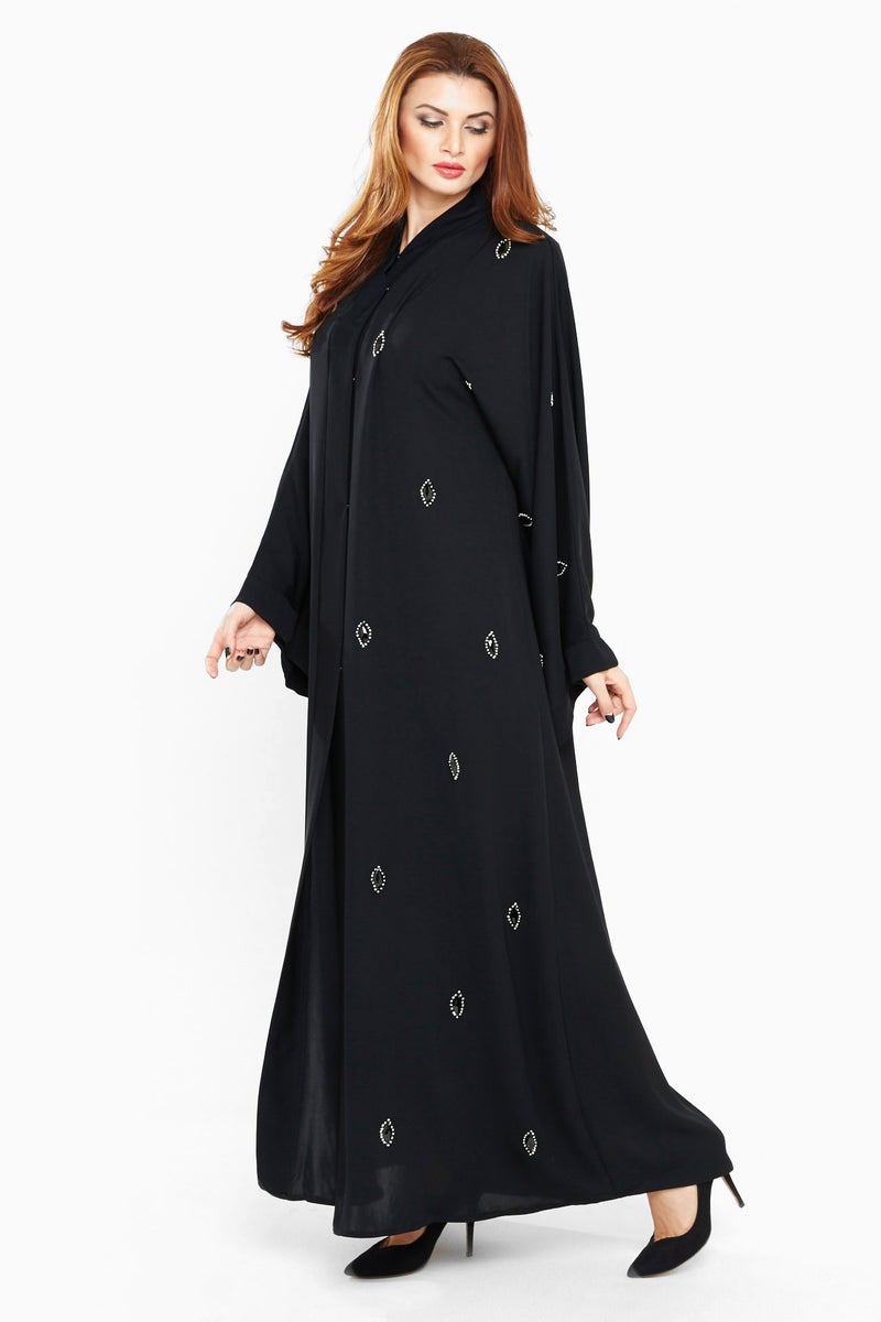 NUKHBAA A black abaya with pearls on one half of the abaya and sleeves-AJ440A - Image 3