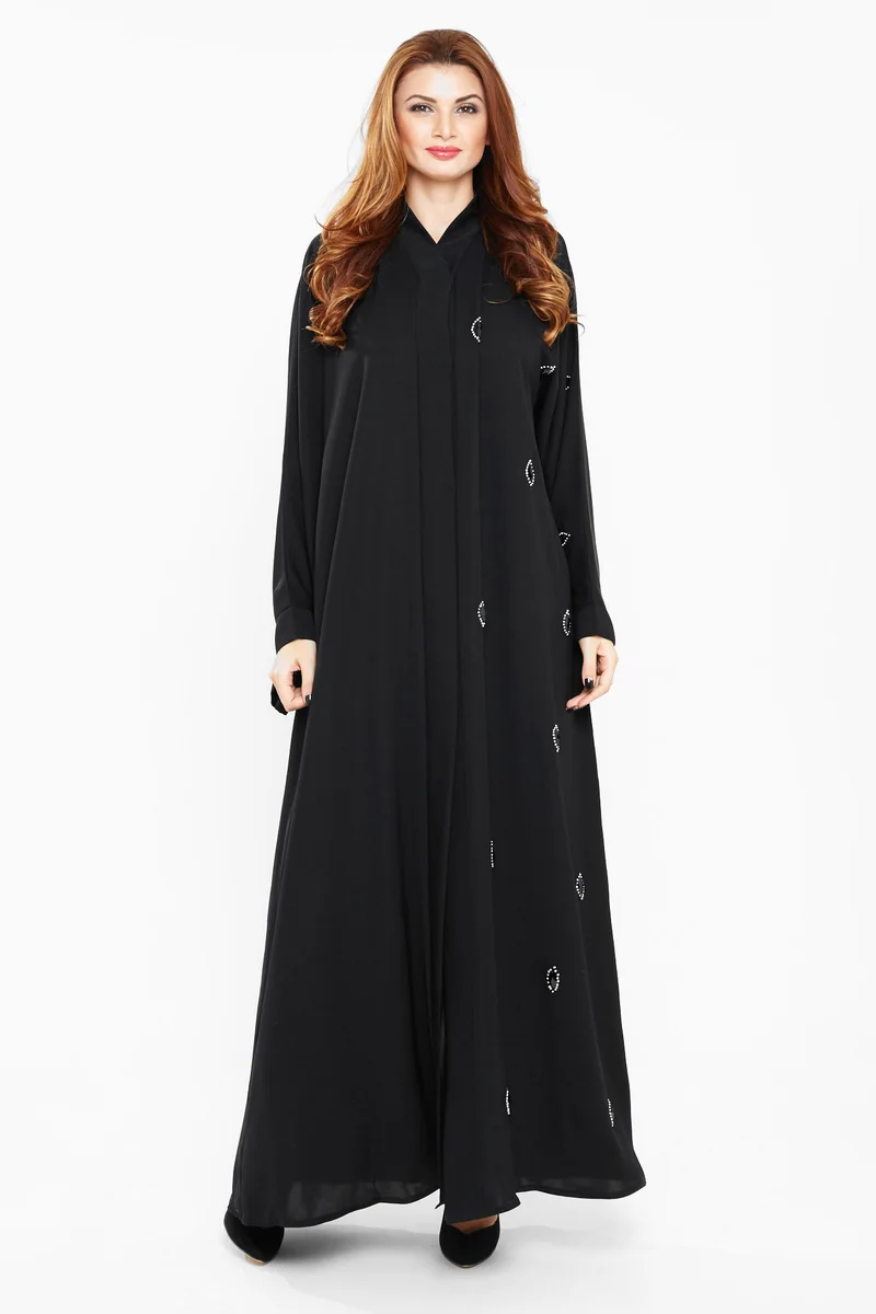 النخبة A sensuous black abaya with pearls on one half of the abaya and sleeves-AJ440A