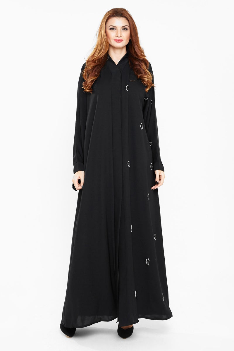 NUKHBAA A black abaya with pearls on one half of the abaya and sleeves-AJ440A - Image 1