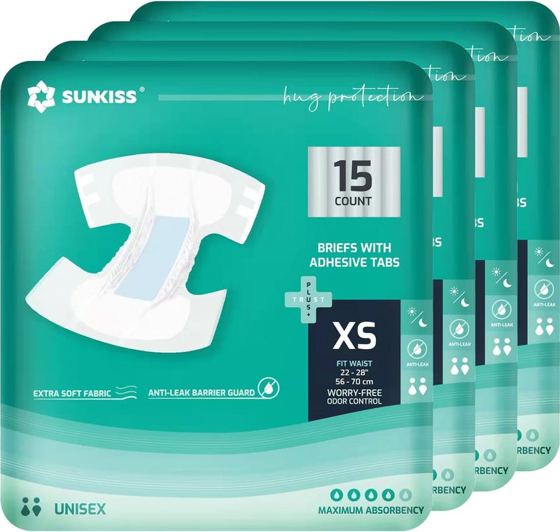SUNKISS TrustPlus Adult Diapers with Maximum Absorbency Unisex Disposable Incontinence Briefs with Tabs for Men and Women Odor Control XSmall 60 Count 4 Packs of 15 - Image 1