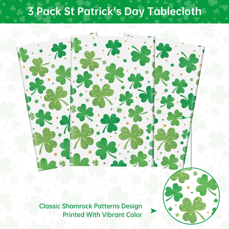 Litmitfu 3 Pack St Patricks Day Tablecloth - Lucky Green Shamrock St Patrick's Tablecloths Set, Disposable Plastic St Patrick Table Cloth Cover for Happy St. Patrick's Day Dinner Table Decor Party Supplies - Image 4