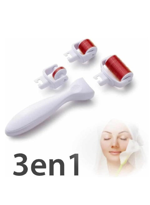 3 in 1 Derma Roller Set includes 3 different roller heads with different sized needles used for skin care around eyes, face and body, targeting acne wrinkle reduction, anti-aging, and skin rejuvenation.