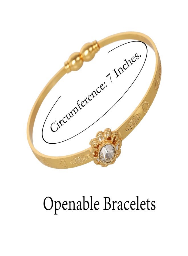 Touchstone NEW Indian Bollywood Handcrafted Engraved Floral Meenakari Enamel Round Rhinestone Marquise Cubic Zirconia CZ Designer Jewelry Openable Elegant Gold Plated Bracelets. Set Of 3. For Women. - Image 3