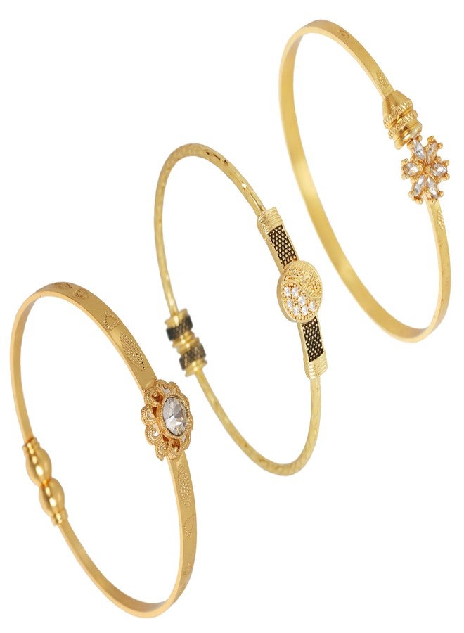 Touchstone NEW Indian Bollywood Handcrafted Engraved Floral Meenakari Enamel Round Rhinestone Marquise Cubic Zirconia CZ Designer Jewelry Openable Elegant Gold Plated Bracelets. Set Of 3. For Women. - Image 1