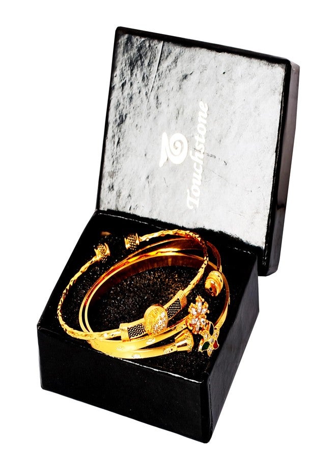 Touchstone NEW Indian Bollywood Handcrafted Engraved Floral Meenakari Enamel Round Rhinestone Marquise Cubic Zirconia CZ Designer Jewelry Openable Elegant Gold Plated Bracelets. Set Of 3. For Women. - Image 5