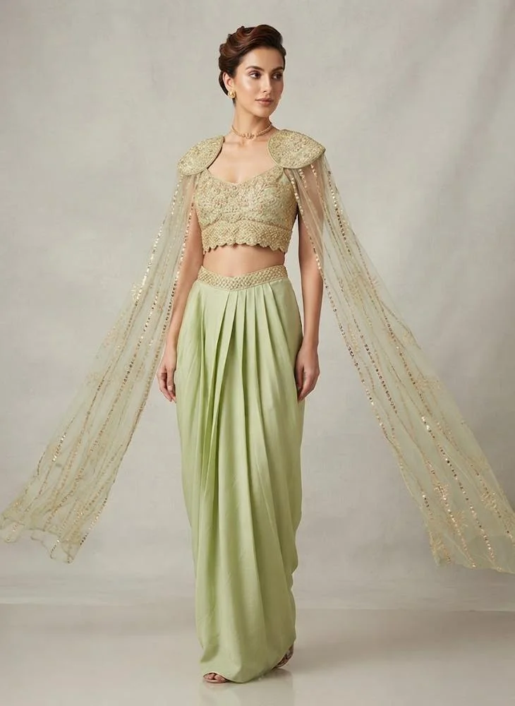 Viny VINY Light Green Embellished Skirt Set with Cape Sleeves – Women's Indian Ethnic Wear
