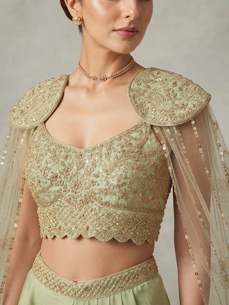 Viny  VINY Light Green Embellished Skirt Set with Cape Sleeves – Women's Indian Ethnic Wear for Women | Best Price UAE