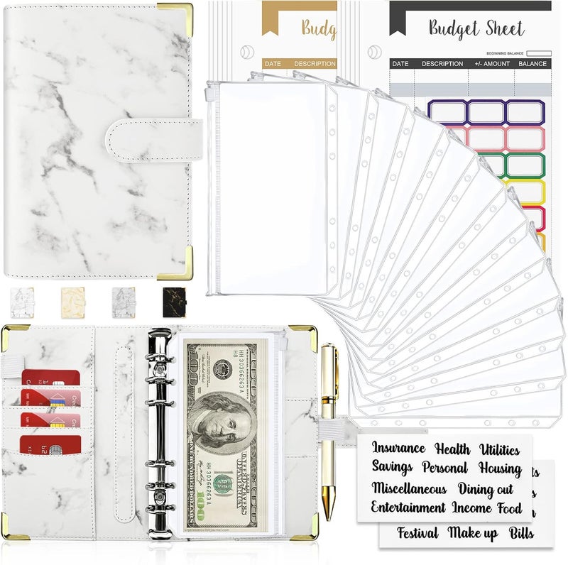 Onlyesh Budget Binder, Cash Envelopes for Budgeting, Money Organizer for Cash, 28Pcs Budget Binder with Cash Envelopes, Marble 6-Ring Money Saving Binder(White) - Image 1