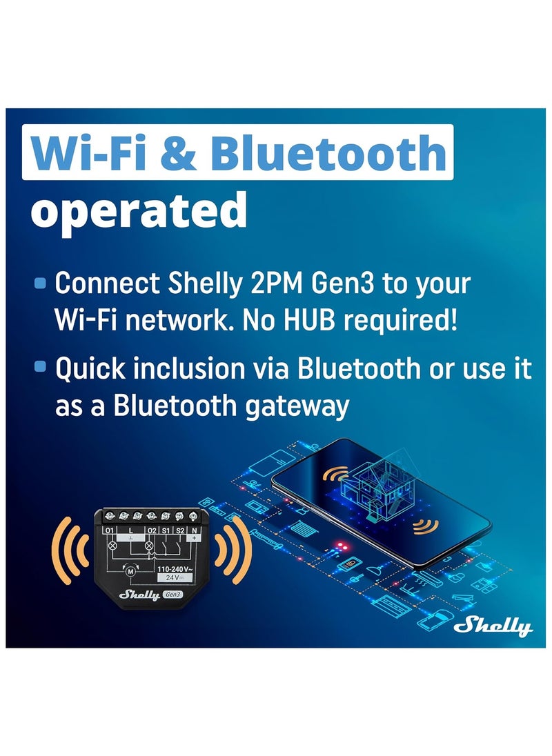 شيلي - Shelly 2PM Gen3 – مرحل ذكي ثنائي القناة مزود بخاصية Wi-Fi مع مراقبة الطاقة والتحكم في الغطاء - Image 1