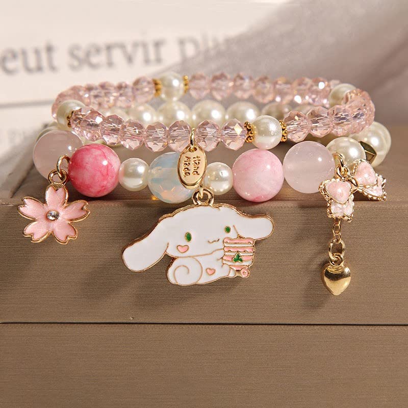 Cicod Kawaii Bracelets Set Crystal Beads Cinnamoroll Bracelet Cute Cartoon Elastic Beaded Pearl Bracelets Anime Jewelry Christmas Stocking Stuffers for Women Bff Friendship Gift (Pink) - Image 2