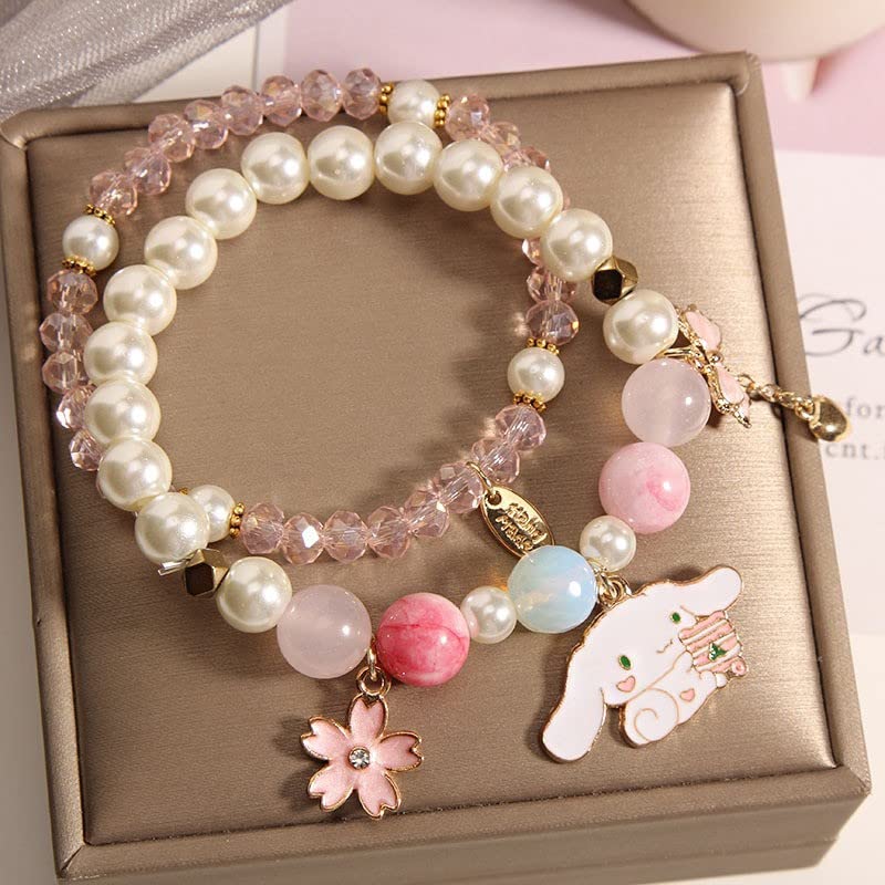 Cicod Kawaii Bracelets Set Crystal Beads Cinnamoroll Bracelet Cute Cartoon Elastic Beaded Pearl Bracelets Anime Jewelry Christmas Stocking Stuffers for Women Bff Friendship Gift (Pink) - Image 3