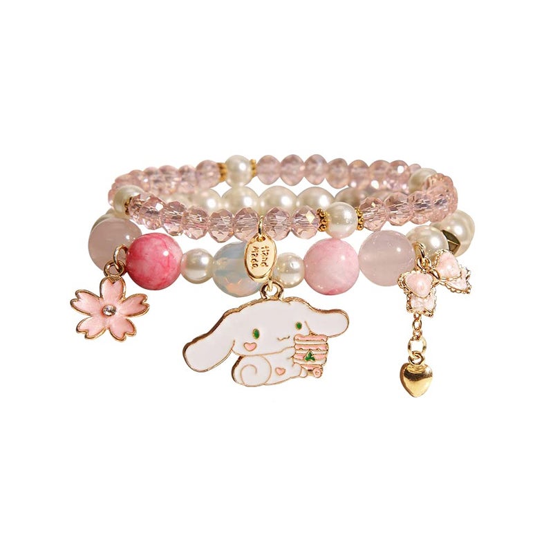 Cicod Kawaii Bracelets Set Crystal Beads Cinnamoroll Bracelet Cute Cartoon Elastic Beaded Pearl Bracelets Anime Jewelry Christmas Stocking Stuffers for Women Bff Friendship Gift (Pink) - Image 1