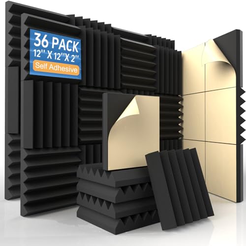 AUSLET 36 Pack Self-Adhesive Acoustic Foam Panels, 12 x 12 x 2 Inches High Density Wedge Sound Proof Foam Panels for Walls, Fire Resistant Soundproof Wall Panels for Home Office & Studio (Black) - Image 1