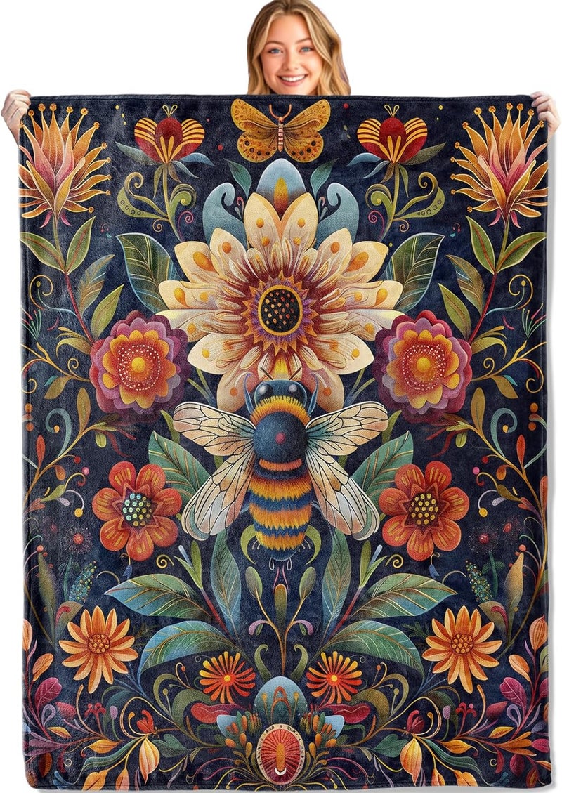 MIEPOS Bee & Floral Throw Blanket – Soft, Cozy, and Lightweight Decor Flannel Blanket Ideal for Couch, Office, and Travel – Fuzzy, Fluffy, Plush Warmth for Women Girls 60×50 Inch - Image 1