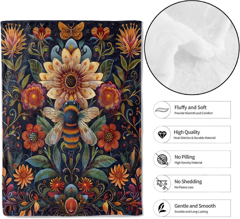 MIEPOS Bee & Floral Throw Blanket – Soft, Cozy, and Lightweight Decor Flannel Blanket Ideal for Couch, Office, and Travel – Fuzzy, Fluffy, Plush Warmth for Women Girls 60×50 Inch - Image 2