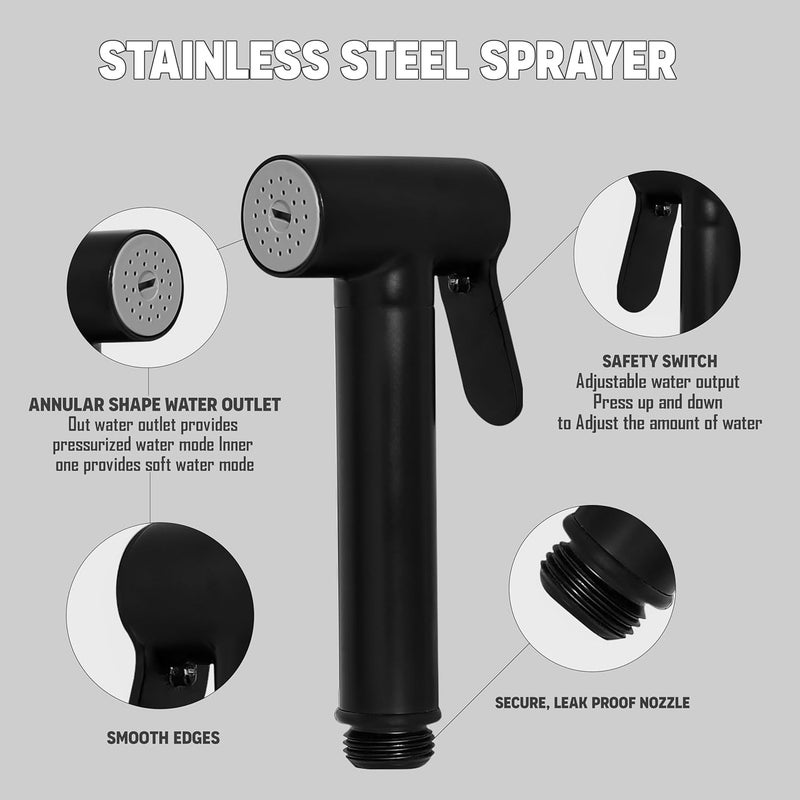 HOMEMATES HOMEMATES Premium Brass Handheld Bidet High Pressure Health Faucet Jet Spray Shower Set for Bathroom/Western Toilet with Ultra Flexible 1mtr Wall Hook Hose Pipe, Black Finish (Set of 1) - Image 4
