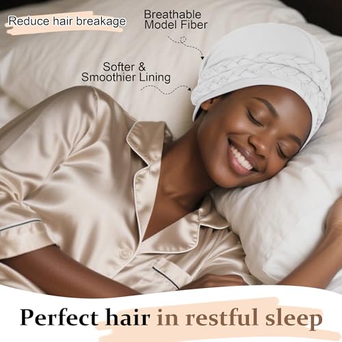 Ababalaya Silky Satin Lined Turban for Women Mens Halo Turban PRE-Tied Beanie Hats Silky Lined Durag Sleeping Bonnet Sleep Cap, White, 1 PCS - Image 5