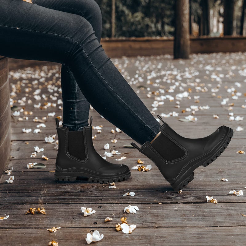 DKSUKO Rain Boots Women Waterproof Chelsea Boots Ankle Garden Shoes for Ladies Rubber Short Rainboots with Removable Comfort Insole for Outdoor Work Deck Mud Boots (7 B(M) US, Black) - Image 2