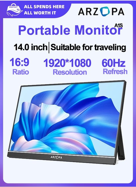 Arzopa A1S 14.0" Mobile Full HD 1920x1080P Display, USB-C And HDMI Ports, IPS Screen, Compatible With IPad, Computer, Mac, Phone, Xbox, Switch, PS4, Perfect For Artists And Gamers, Easy To Carry