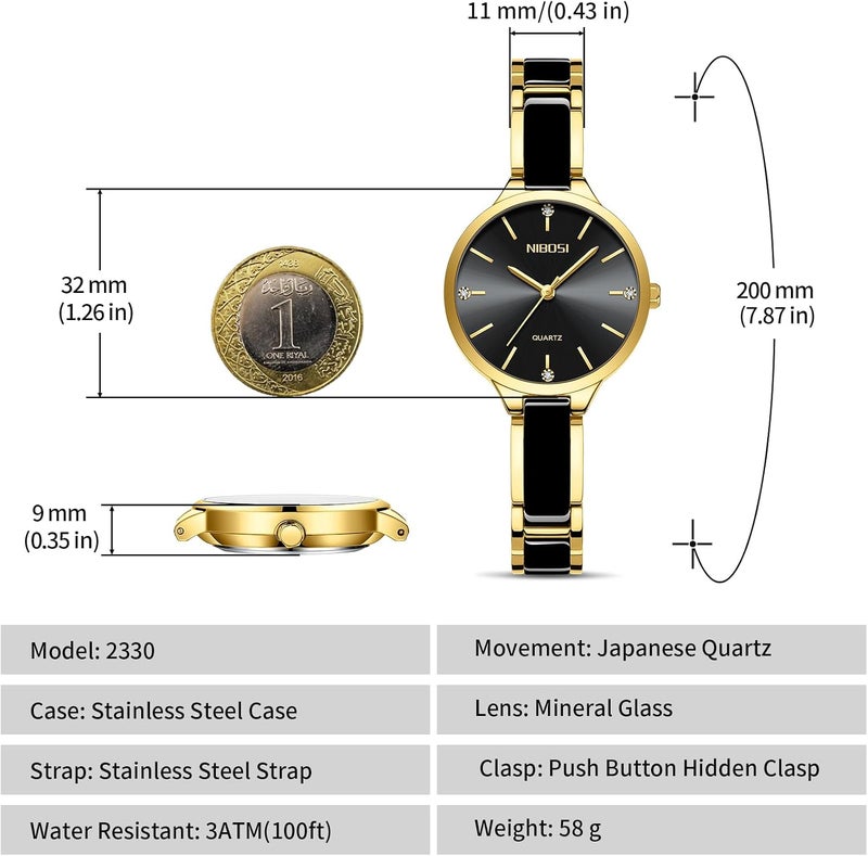 NIBOSI Women's Analog Quartz Watch with Black Dial and Ceramic Strap - Image 2