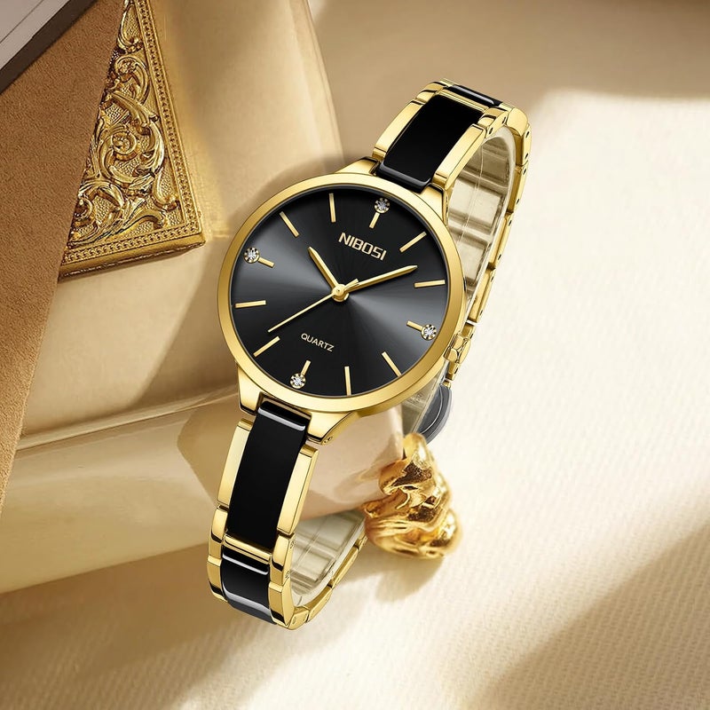 NIBOSI Women's Analog Quartz Watch with Black Dial and Ceramic Strap - Image 3