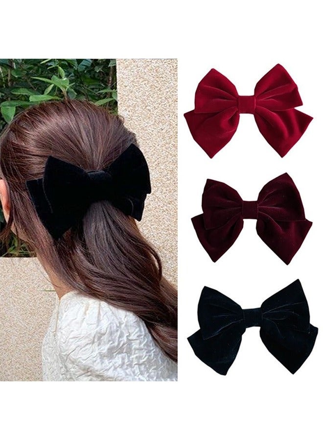 3 Pieces Vintage Satin Velvet Ribbon Bowknot Hairclips, Large Decorative Hair Accessories for Women and Girls (Black+Red+Wine Red) - Image 1