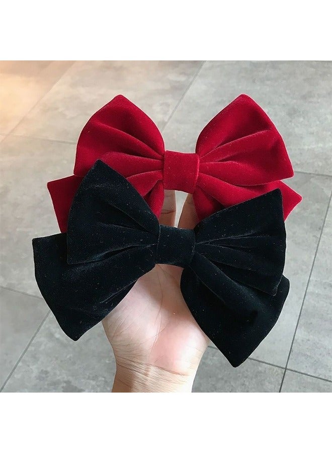 3 Pieces Vintage Satin Velvet Ribbon Bowknot Hairclips, Large Decorative Hair Accessories for Women and Girls (Black+Red+Wine Red) - Image 2