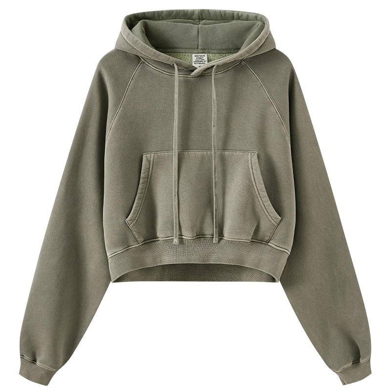 Gihuo Women's Cropped Hoodie Acid Wash Oversized Short Pullover Sweatshirt with Kangaroo Pocket (US, Alpha, Small, Regular, Regular, ArmyGreen) - Image 1