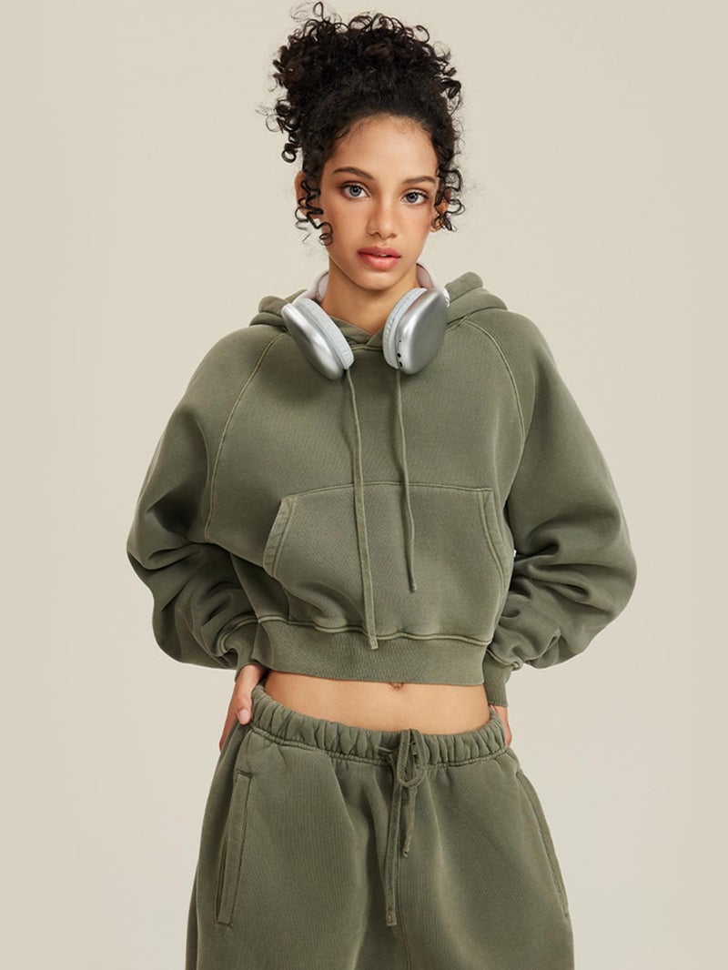 Gihuo Women's Cropped Hoodie Acid Wash Oversized Short Pullover Sweatshirt with Kangaroo Pocket (US, Alpha, Small, Regular, Regular, ArmyGreen) - Image 2