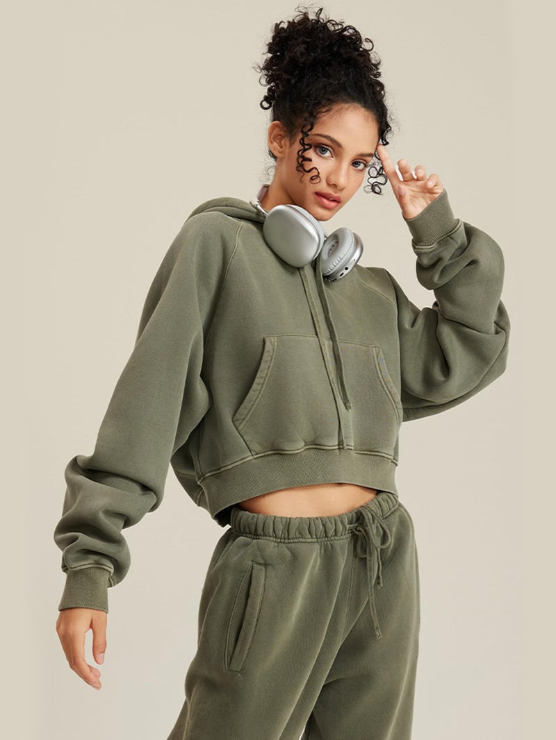 Gihuo Women's Cropped Hoodie Acid Wash Oversized Short Pullover Sweatshirt with Kangaroo Pocket (US, Alpha, Small, Regular, Regular, ArmyGreen) - Image 4