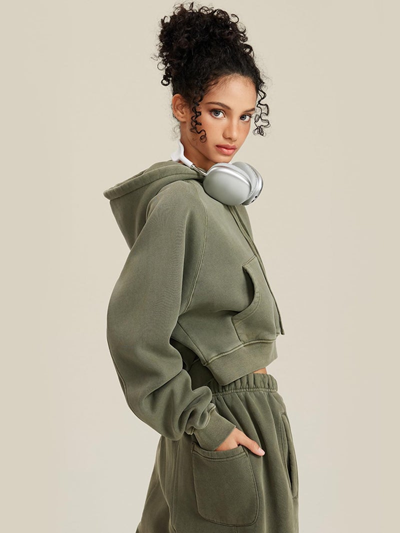 Gihuo Women's Cropped Hoodie Acid Wash Oversized Short Pullover Sweatshirt with Kangaroo Pocket (US, Alpha, Small, Regular, Regular, ArmyGreen) - Image 5