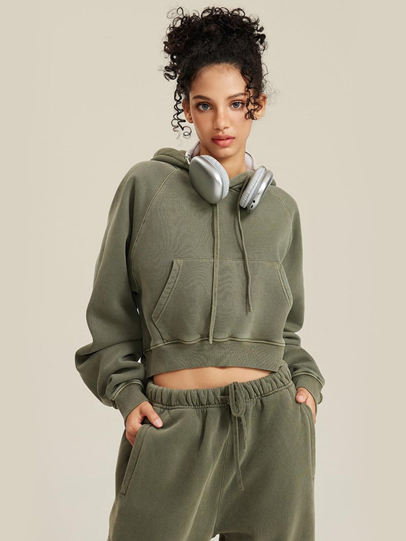 Gihuo Women's Cropped Hoodie Acid Wash Oversized Short Pullover Sweatshirt with Kangaroo Pocket (US, Alpha, Small, Regular, Regular, ArmyGreen) - Image 3