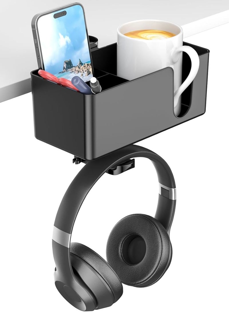 Generic 4 in 1 Desk Cup Holder - Clamp on Under Desk Headphone Hanger - Rotating Headphone Holder Detachable Pen Cup Holder Desktop Storage for Cup, Phone and Pen(Black)  - Image 1