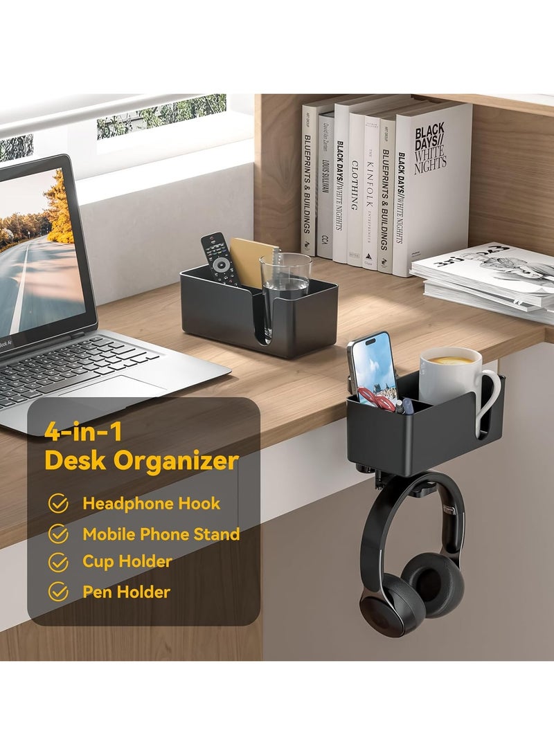 Generic 4 in 1 Desk Cup Holder - Clamp on Under Desk Headphone Hanger - Rotating Headphone Holder Detachable Pen Cup Holder Desktop Storage for Cup, Phone and Pen(Black)  - Image 2