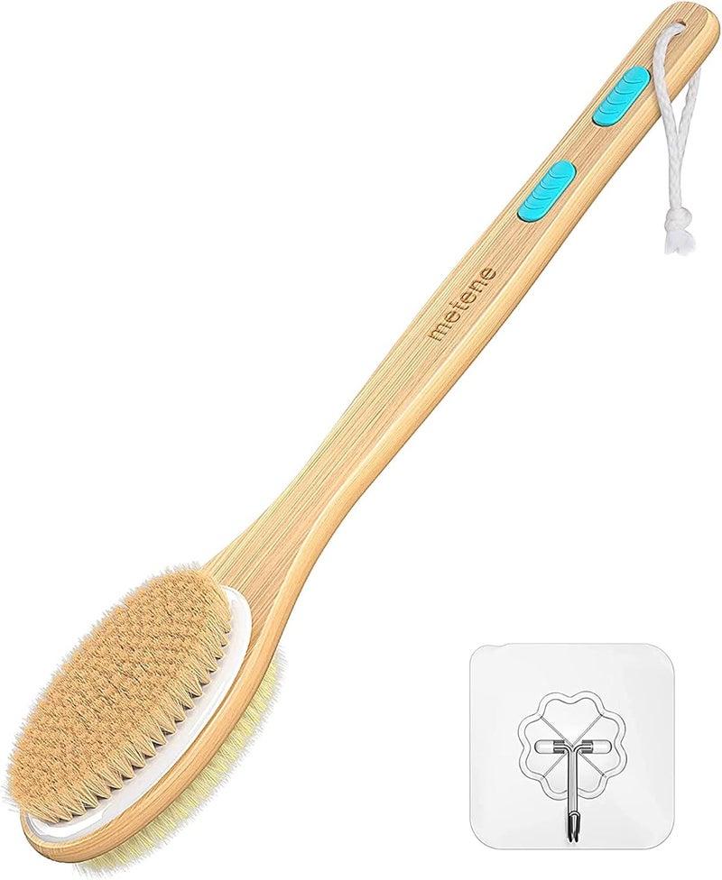 Metene Back Scrubber for Shower Shower Brush for Exfoliating Skin and A Soft Scrub Doublesided Body Brush Head for Wet or Dry Brushing Long Wooden Handle Cleans the Body Easily