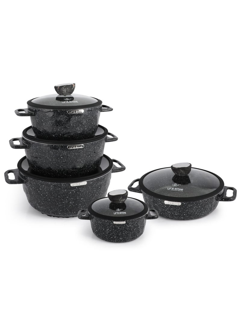 Life Smile 10pcs Nonstick Granite Cookware Set – Premium Non Stick Cookwares & Kitchen Cooking Pots | Induction Bottom Soup Pots (20/24/28/32cm) + 28cm Shallow Pot | Casseroles, PFOA-Free & Oven Safe Cookware Set - Image 1