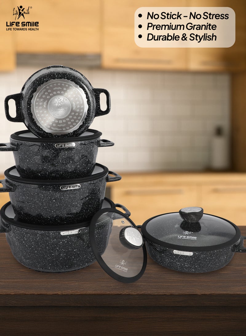 Life Smile 10pcs Nonstick Granite Cookware Set – Premium Non Stick Cookwares & Kitchen Cooking Pots | Induction Bottom Soup Pots (20/24/28/32cm) + 28cm Shallow Pot | Casseroles, PFOA-Free & Oven Safe Cookware Set - Image 5