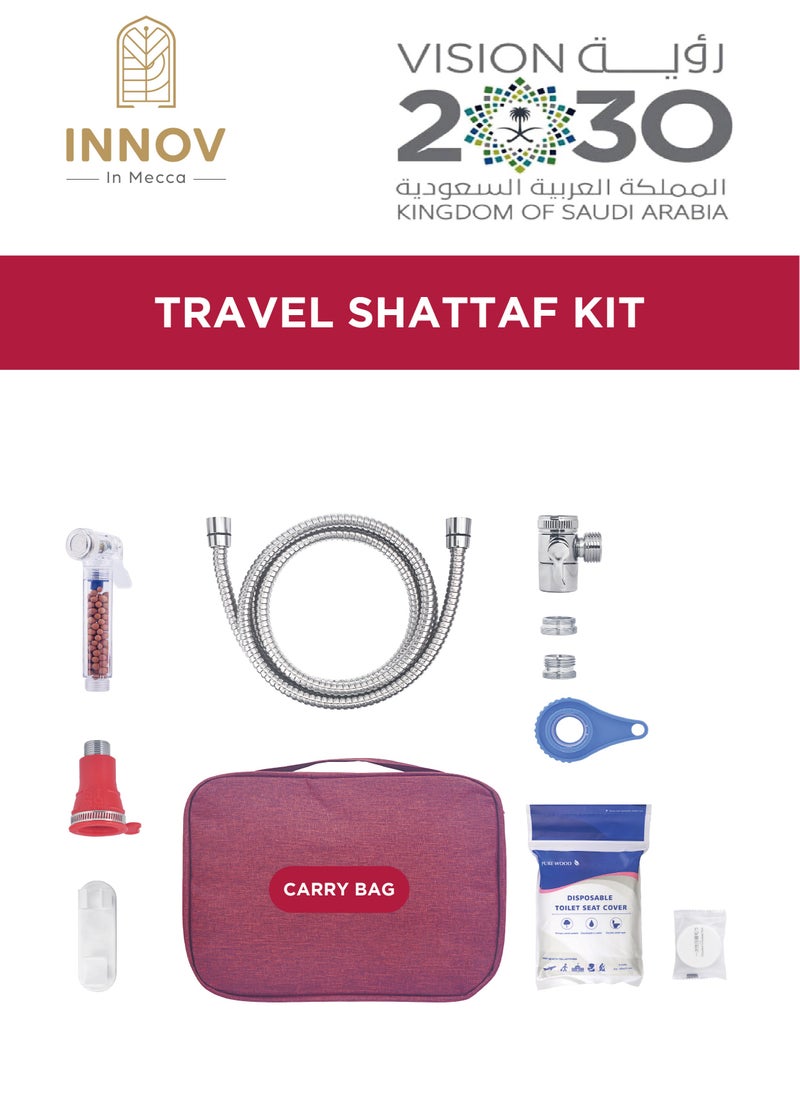 INNOV In Mecca Travel Shattaf/bidet kit . With 3 meter water Hose, Sprayer with filter. Polished brass water distributor. Shattaf bracket holder and Red carry bag  - Image 1